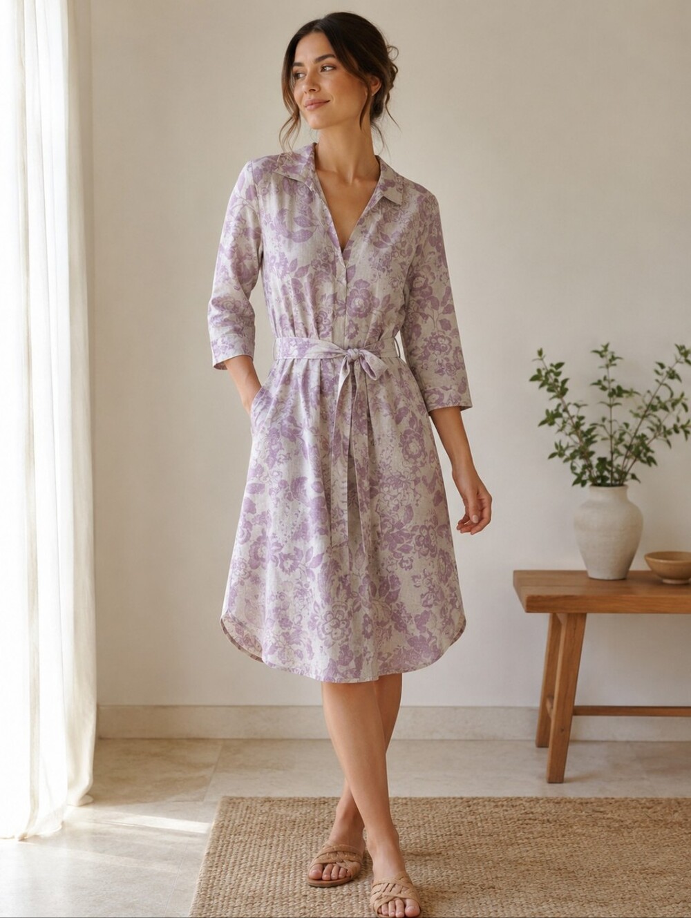 Lavender Floral Print Midi Dress Linen-Cotton Blend